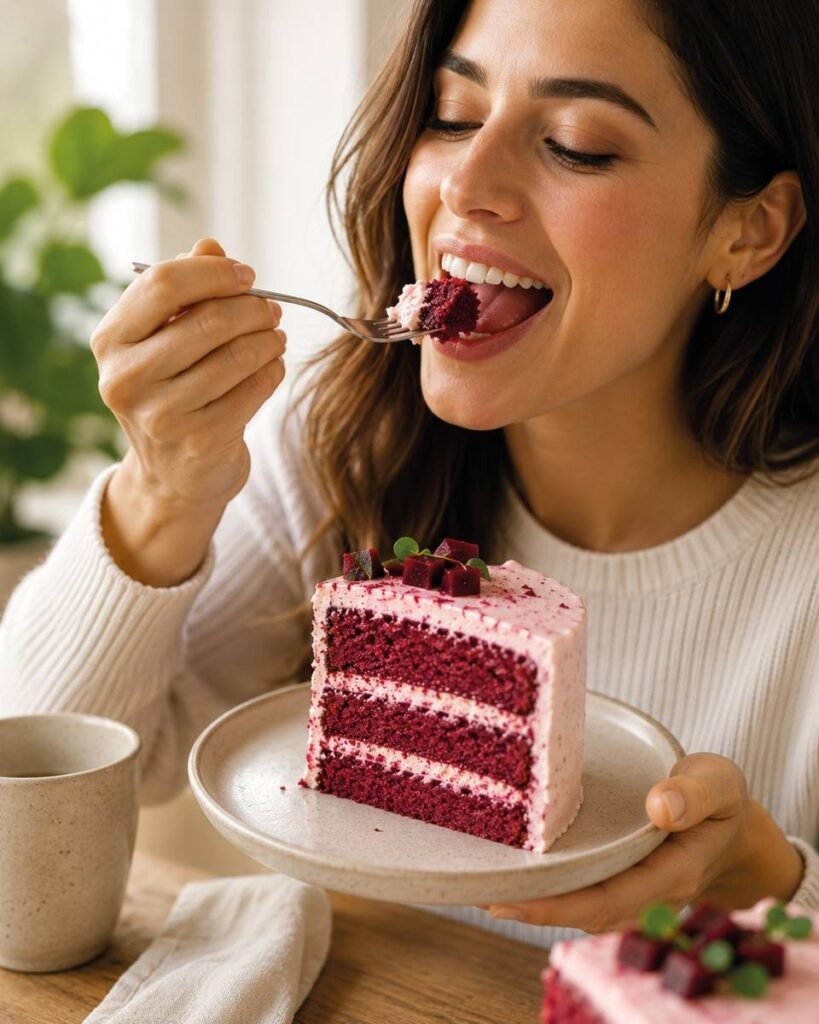 Woman enjoying a cake made with gluten-free flour